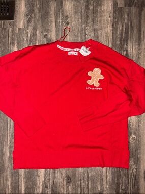 Life Is Good Red Crewneck Sweater with Gingerbread Patch NWT LG